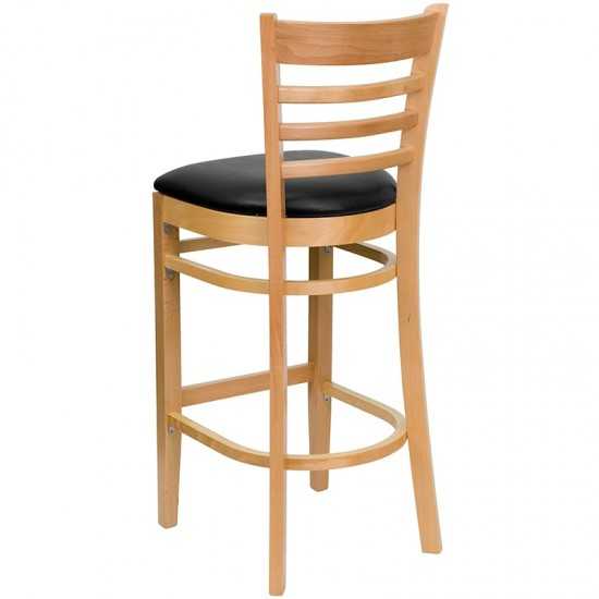 Ladder Back Natural Wood Restaurant Barstool - Black Vinyl Seat