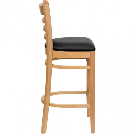 Ladder Back Natural Wood Restaurant Barstool - Black Vinyl Seat