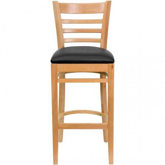 Ladder Back Natural Wood Restaurant Barstool - Black Vinyl Seat
