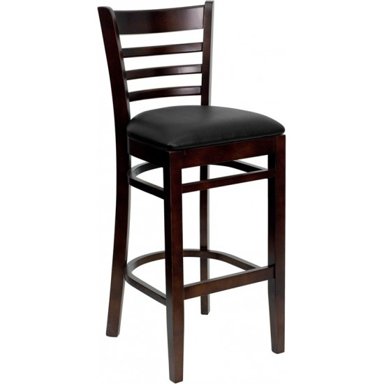 Ladder Back Walnut Wood Restaurant Barstool - Black Vinyl Seat