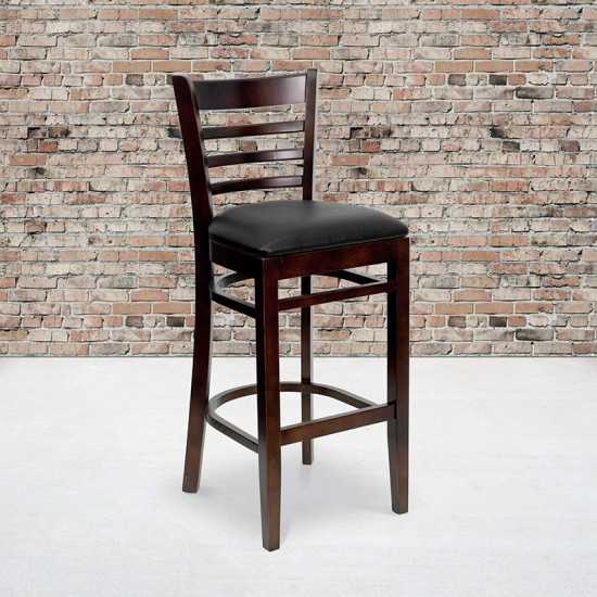 Ladder Back Walnut Wood Restaurant Barstool - Black Vinyl Seat