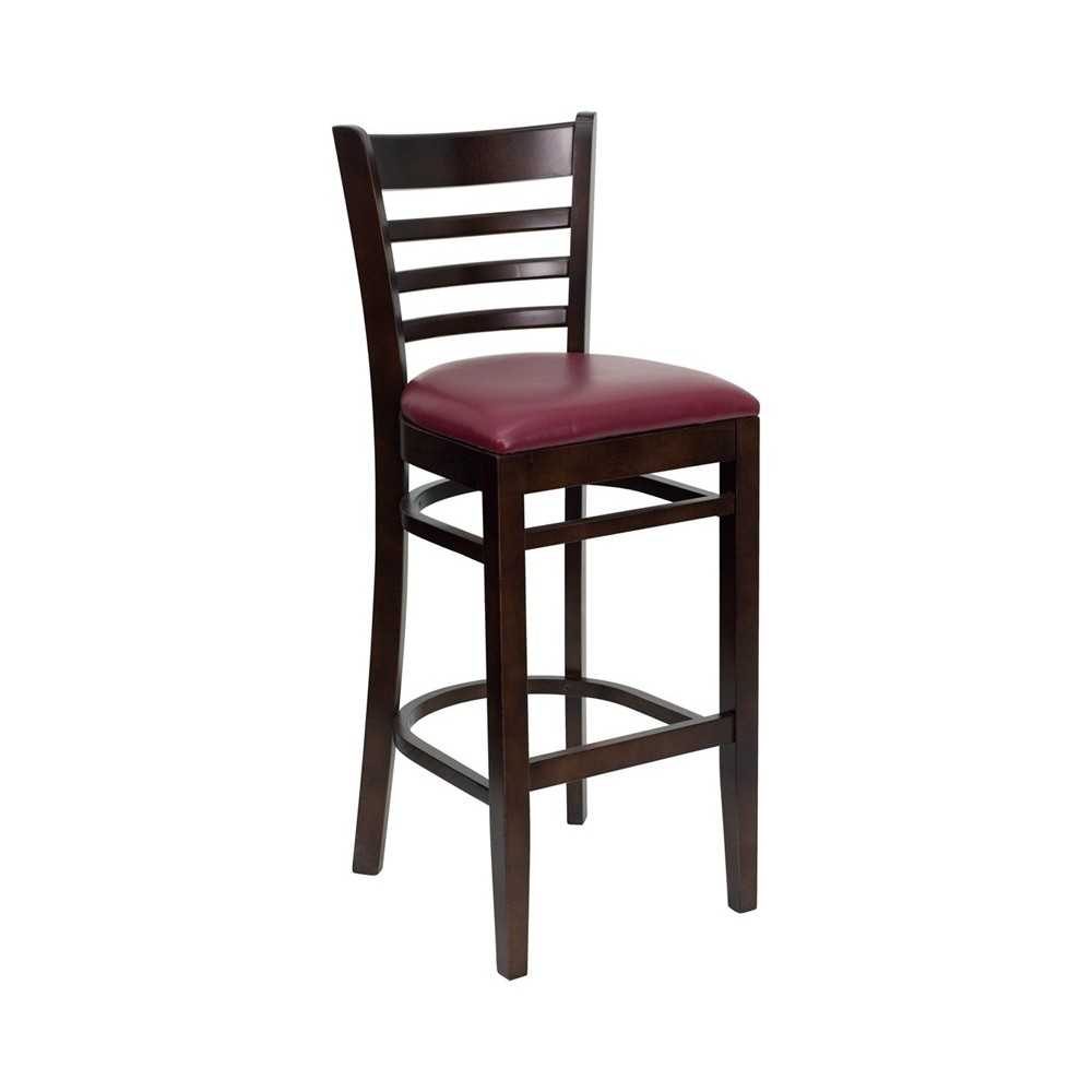 Ladder Back Walnut Wood Restaurant Barstool - Burgundy Vinyl Seat