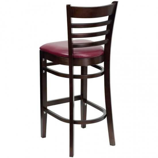 Ladder Back Walnut Wood Restaurant Barstool - Burgundy Vinyl Seat