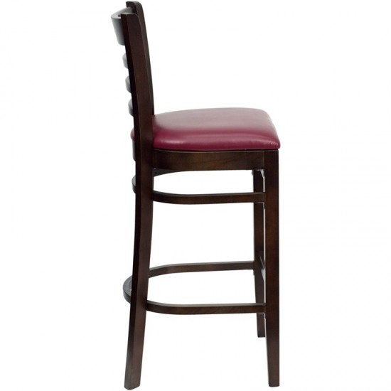 Ladder Back Walnut Wood Restaurant Barstool - Burgundy Vinyl Seat