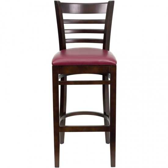 Ladder Back Walnut Wood Restaurant Barstool - Burgundy Vinyl Seat