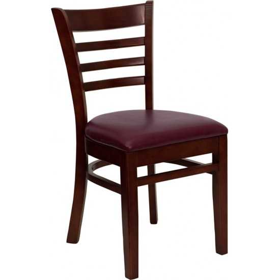 Ladder Back Mahogany Wood Restaurant Chair - Burgundy Vinyl Seat