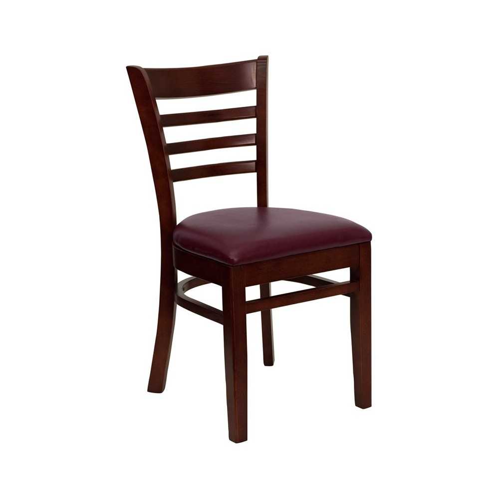 Ladder Back Mahogany Wood Restaurant Chair - Burgundy Vinyl Seat