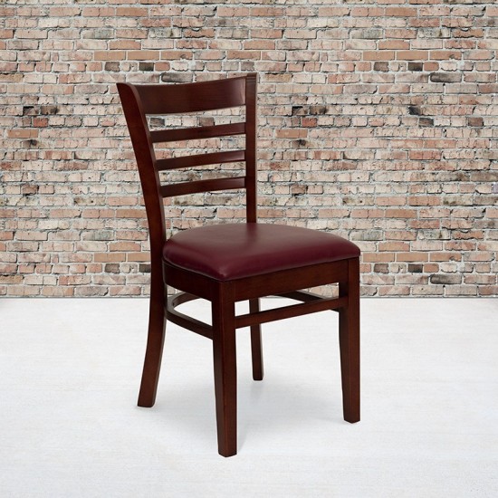 Ladder Back Mahogany Wood Restaurant Chair - Burgundy Vinyl Seat