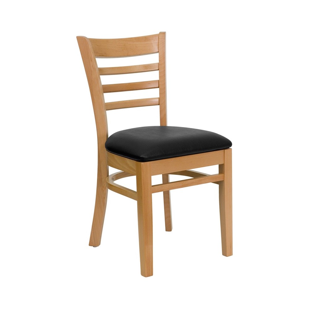 Ladder Back Natural Wood Restaurant Chair - Black Vinyl Seat