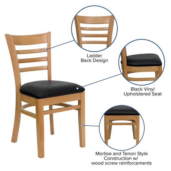 Ladder Back Natural Wood Restaurant Chair - Black Vinyl Seat