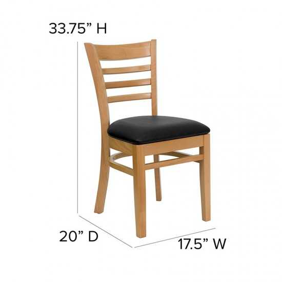 Ladder Back Natural Wood Restaurant Chair - Black Vinyl Seat