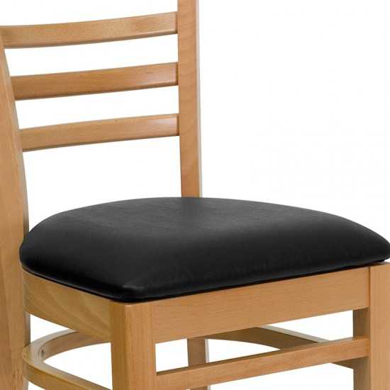 Ladder Back Natural Wood Restaurant Chair - Black Vinyl Seat