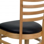 Ladder Back Natural Wood Restaurant Chair - Black Vinyl Seat