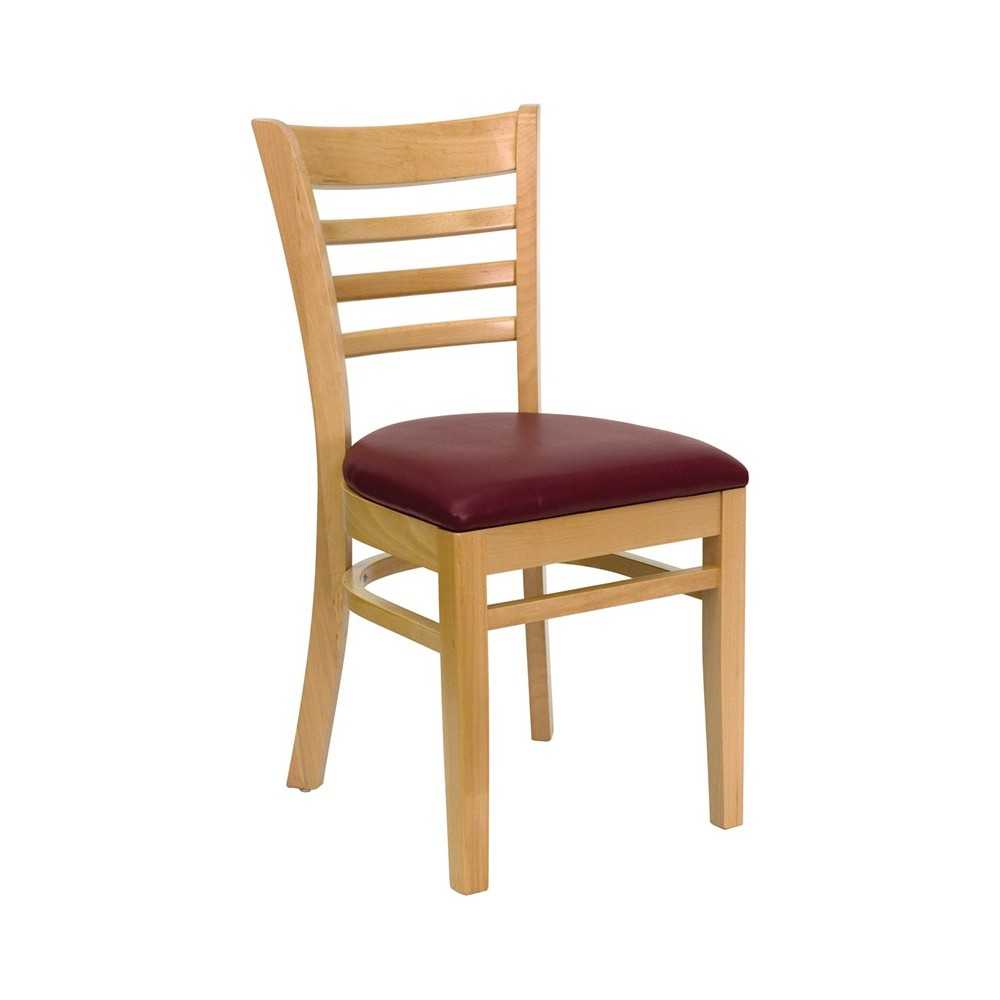 Ladder Back Natural Wood Restaurant Chair - Burgundy Vinyl Seat