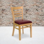 Ladder Back Natural Wood Restaurant Chair - Burgundy Vinyl Seat