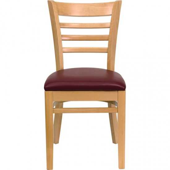 Ladder Back Natural Wood Restaurant Chair - Burgundy Vinyl Seat