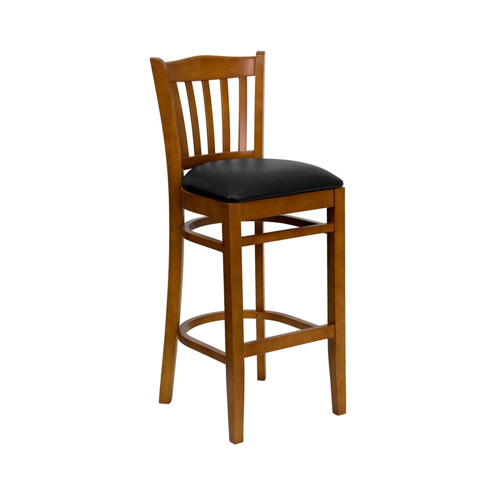 Vertical Slat Back Cherry Wood Restaurant Barstool - Black Vinyl Seat