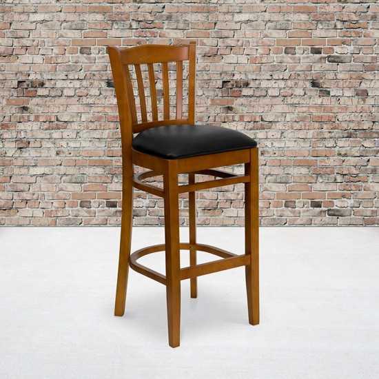 Vertical Slat Back Cherry Wood Restaurant Barstool - Black Vinyl Seat