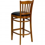 Vertical Slat Back Cherry Wood Restaurant Barstool - Black Vinyl Seat