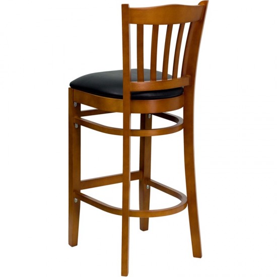 Vertical Slat Back Cherry Wood Restaurant Barstool - Black Vinyl Seat