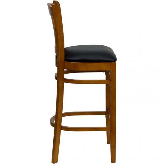 Vertical Slat Back Cherry Wood Restaurant Barstool - Black Vinyl Seat