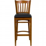 Vertical Slat Back Cherry Wood Restaurant Barstool - Black Vinyl Seat