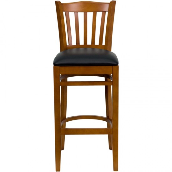 Vertical Slat Back Cherry Wood Restaurant Barstool - Black Vinyl Seat