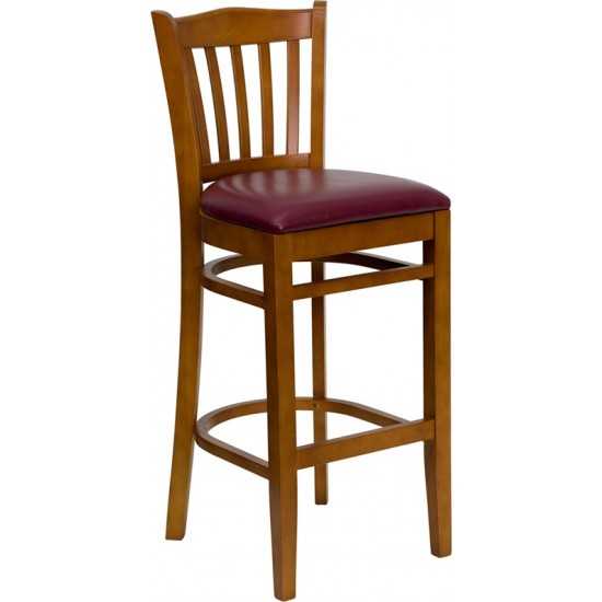 Vertical Slat Back Cherry Wood Restaurant Barstool - Burgundy Vinyl Seat