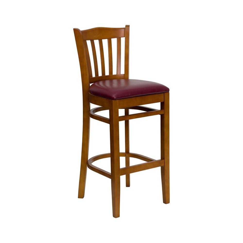 Vertical Slat Back Cherry Wood Restaurant Barstool - Burgundy Vinyl Seat