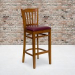 Vertical Slat Back Cherry Wood Restaurant Barstool - Burgundy Vinyl Seat