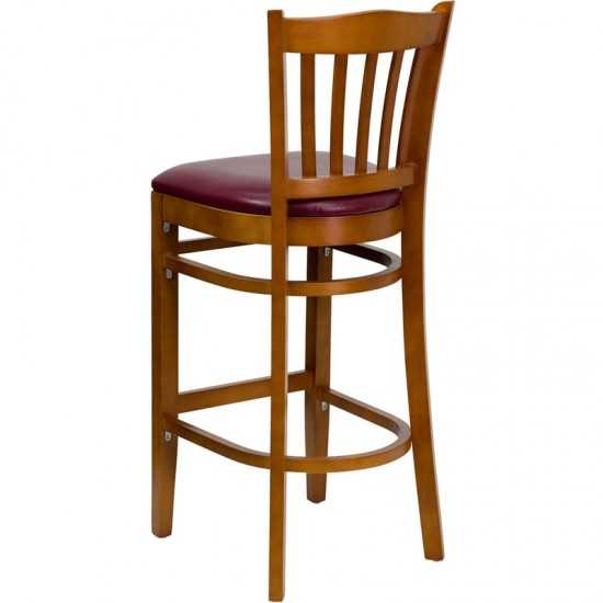 Vertical Slat Back Cherry Wood Restaurant Barstool - Burgundy Vinyl Seat