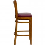 Vertical Slat Back Cherry Wood Restaurant Barstool - Burgundy Vinyl Seat