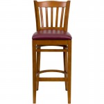 Vertical Slat Back Cherry Wood Restaurant Barstool - Burgundy Vinyl Seat