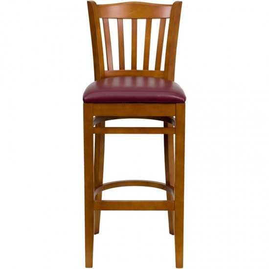 Vertical Slat Back Cherry Wood Restaurant Barstool - Burgundy Vinyl Seat