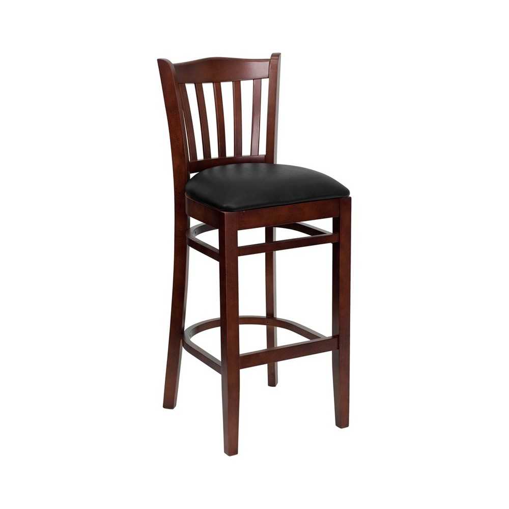 Vertical Slat Back Mahogany Wood Restaurant Barstool - Black Vinyl Seat Vertical Slat Back Mahogany Wood Restaurant Barstool - Black Vinyl Seat