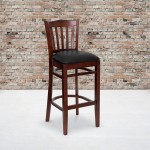 Vertical Slat Back Mahogany Wood Restaurant Barstool - Black Vinyl Seat