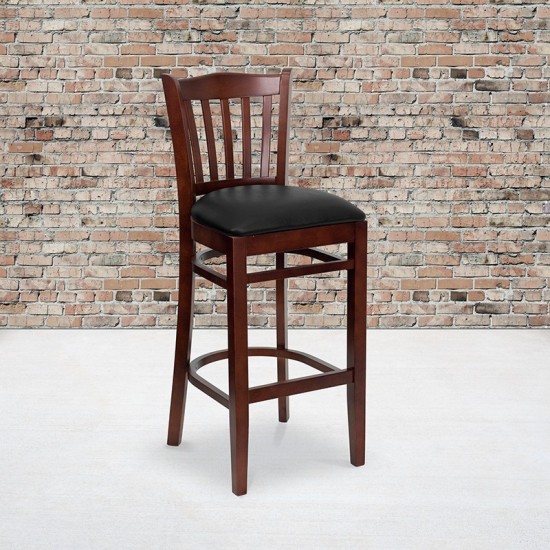 Vertical Slat Back Mahogany Wood Restaurant Barstool - Black Vinyl Seat