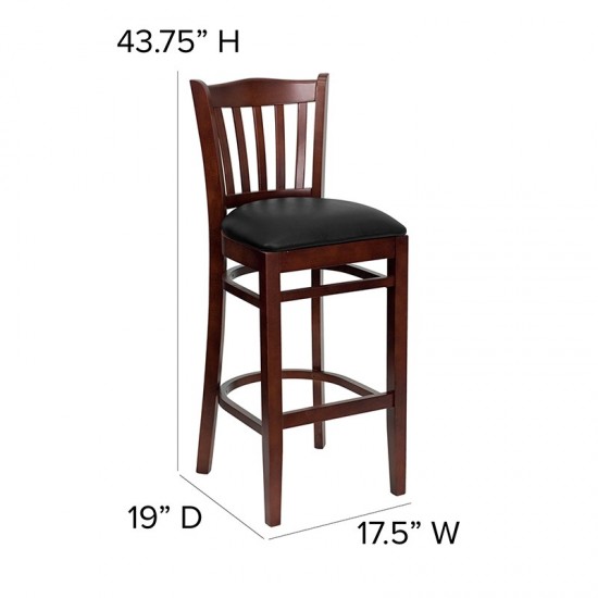 Vertical Slat Back Mahogany Wood Restaurant Barstool - Black Vinyl Seat