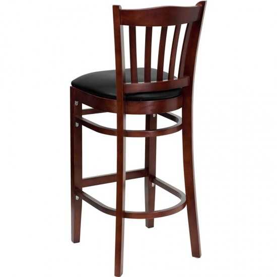 Vertical Slat Back Mahogany Wood Restaurant Barstool - Black Vinyl Seat