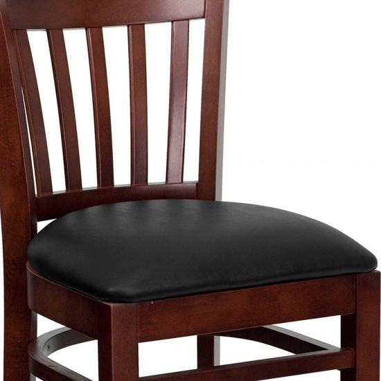 Vertical Slat Back Mahogany Wood Restaurant Barstool - Black Vinyl Seat