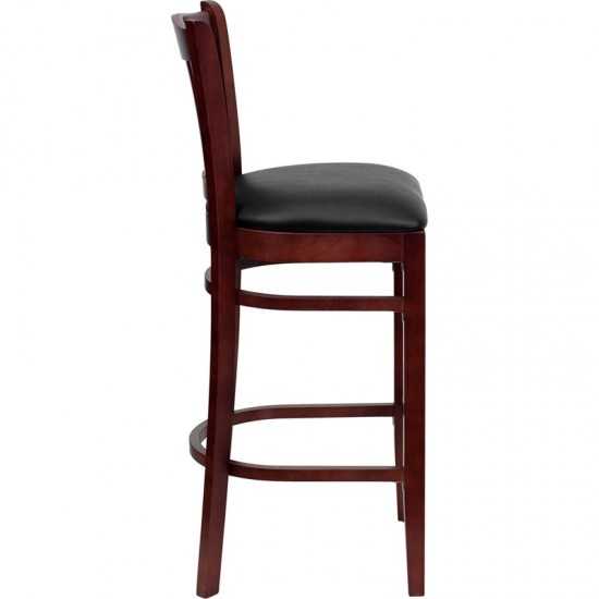 Vertical Slat Back Mahogany Wood Restaurant Barstool - Black Vinyl Seat
