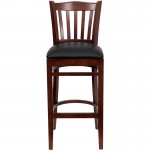 Vertical Slat Back Mahogany Wood Restaurant Barstool - Black Vinyl Seat