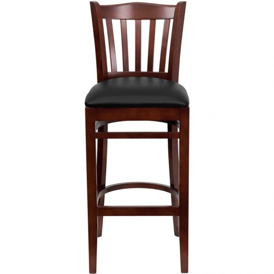 Vertical Slat Back Mahogany Wood Restaurant Barstool - Black Vinyl Seat