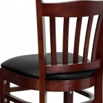 Vertical Slat Back Mahogany Wood Restaurant Barstool - Black Vinyl Seat