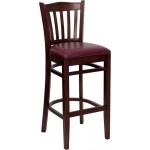 Vertical Slat Back Mahogany Wood Restaurant Barstool - Burgundy Vinyl Seat