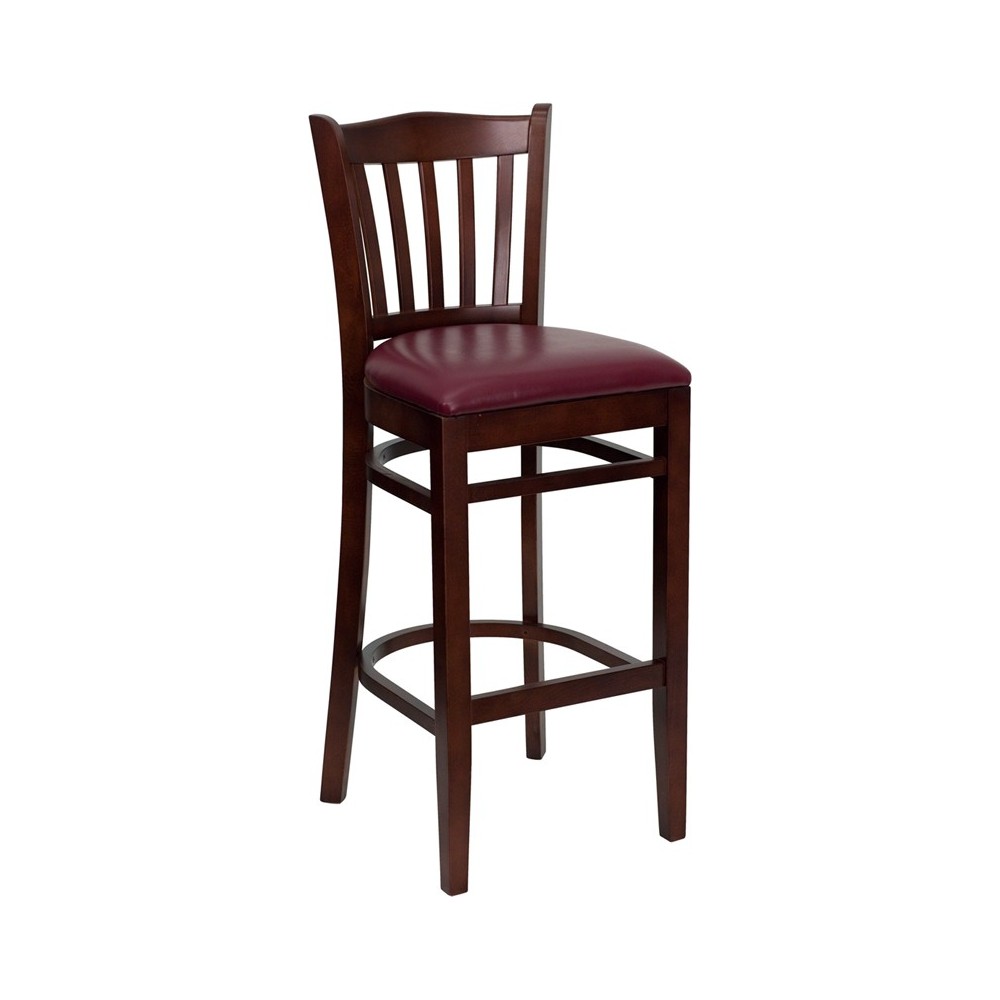 Vertical Slat Back Mahogany Wood Restaurant Barstool - Burgundy Vinyl Seat