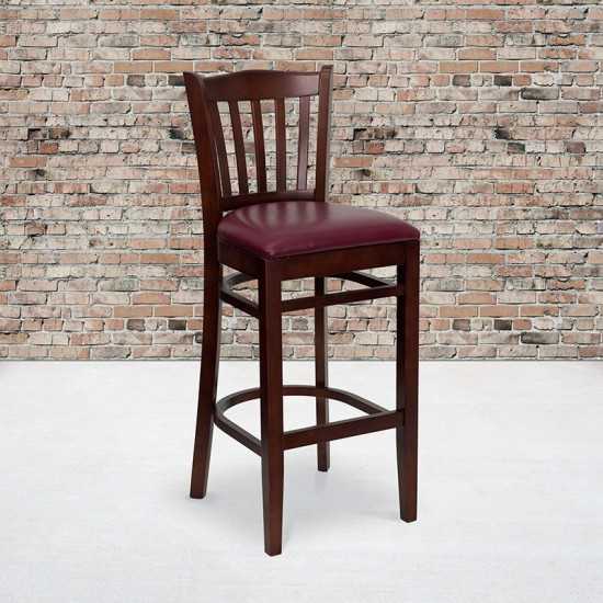 Vertical Slat Back Mahogany Wood Restaurant Barstool - Burgundy Vinyl Seat