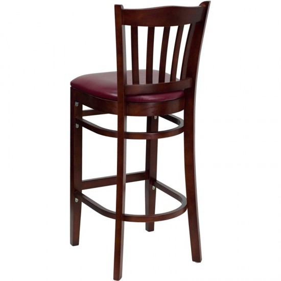 Vertical Slat Back Mahogany Wood Restaurant Barstool - Burgundy Vinyl Seat