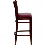 Vertical Slat Back Mahogany Wood Restaurant Barstool - Burgundy Vinyl Seat