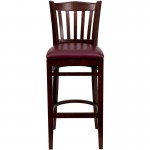 Vertical Slat Back Mahogany Wood Restaurant Barstool - Burgundy Vinyl Seat